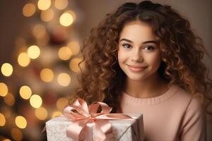 ai généré joyeux vacances esprit. souriant fille avec cadeau boîte sur une lumière Contexte photo