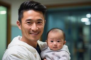 ai généré souriant Japonais homme avec nouveau née photo
