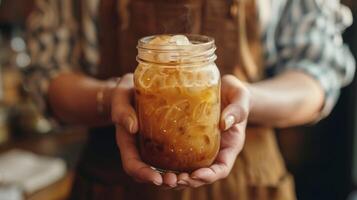 ai généré glacé café avec fouetté crème dans une verre tasse dans une café. photo