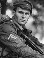 ai généré poignant temps de guerre portrait, sacrifice et bravoure dans une soldats émotif photographier de le seconde génial guerre, une puissant représentation de Humain péage et résistance au milieu de bats toi pour liberté photo