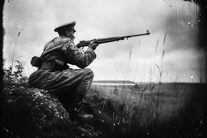 ai généré poignant temps de guerre portrait, sacrifice et bravoure dans une soldats émotif photographier de le seconde génial guerre, une puissant représentation de Humain péage et résistance au milieu de bats toi pour liberté photo