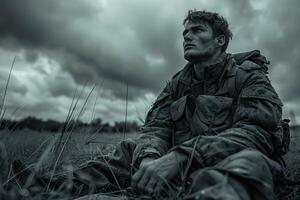 ai généré poignant temps de guerre portrait, sacrifice et bravoure dans une soldats émotif photographier de le seconde génial guerre, une puissant représentation de Humain péage et résistance au milieu de bats toi pour liberté photo