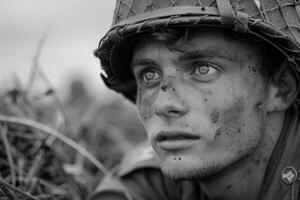 ai généré poignant temps de guerre portrait, sacrifice et bravoure dans une soldats émotif photographier de le seconde génial guerre, une puissant représentation de Humain péage et résistance au milieu de bats toi pour liberté photo