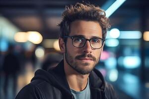 ai généré Masculin programmeur avec des lunettes photo