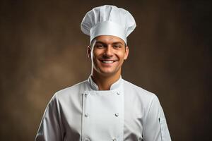 ai généré chef homme dans une blanc uniforme et chapeau sur une studio Contexte photo