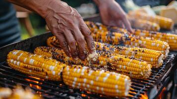 ai généré un barbecue fête avec mains grillage et beurrer blé sur le épi. photo