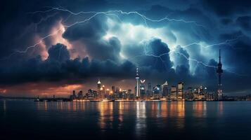 ai généré la nature fureur. spectaculaire coup de une orage plus de une ville horizon photo