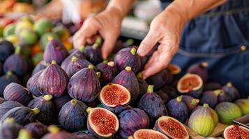 ai généré méditerranéen marché avec mains sélection mûr figues photo