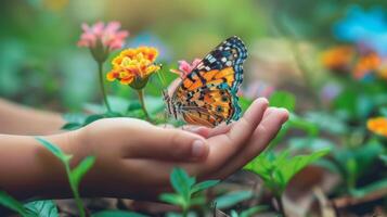 ai généré papillon jardin avec mains atteindre en dehors à une coloré papillon. photo