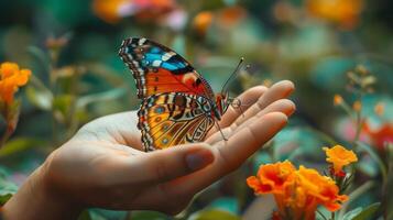 ai généré papillon jardin avec mains atteindre en dehors à une coloré papillon. photo