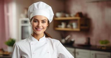 ai généré souriant femme dans du chef uniforme photo