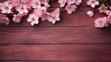 ai généré rose en bois planches avec rose fleurs Contexte photo