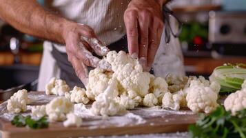 ai généré cuisine spectacle avec mains démontrant Comment à préparer choufleur vaisselle photo