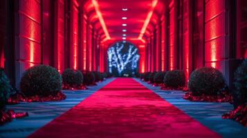 ai généré couloir avec rouge lumières et rouge tapis photo