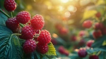 ai généré framboises croissance sur une buisson photo