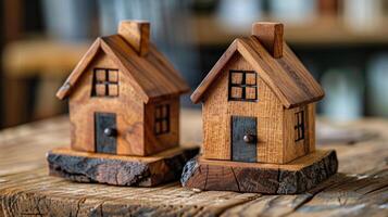 ai généré petit en bois Maisons sur table photo