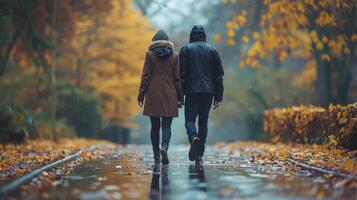 ai généré homme et femme en marchant vers le bas une chemin photo