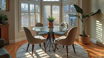 ai généré rond verre à manger pièce table avec beige chaises photo