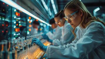 ai généré femmes dans blanc laboratoire manteaux en fonctionnement machine photo