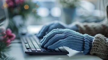 ai généré la personne dactylographie sur clavier dans bleu gants photo