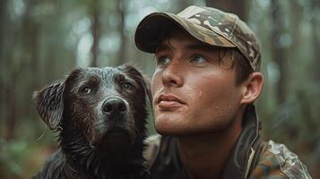 ai généré homme en portant chien dans le les bois photo