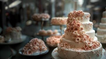 ai généré élégant Trois échelonné mariage gâteau sur table photo