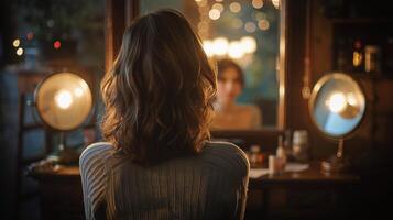 ai généré femme séance dans de face de miroir photo