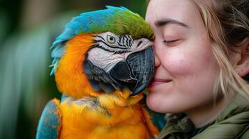 ai généré femme embrasser perroquet sur joue photo