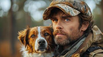 ai généré homme en portant chien dans le les bois photo