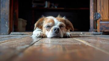 ai généré marron et blanc chien repos sur tapis photo