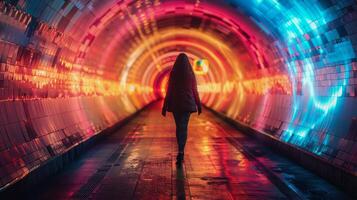 ai généré femme en marchant par tunnel avec coloré lumières photo