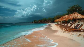 ai généré sablonneux plage avec salon chaises et parapluies photo