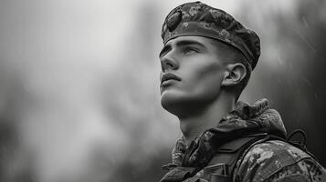 ai généré soldat dans noir et blanc photo