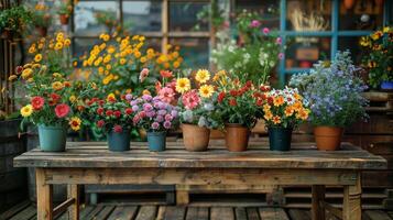 ai généré en bois table couvert avec coloré fleurs photo