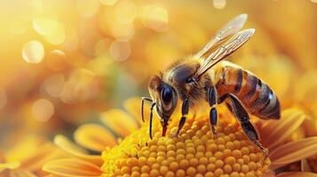 ai généré abeille alimentation sur nid d'abeille photo