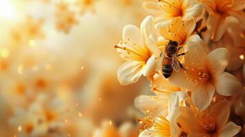 ai généré abeille alimentation sur fleur avec floue Contexte photo