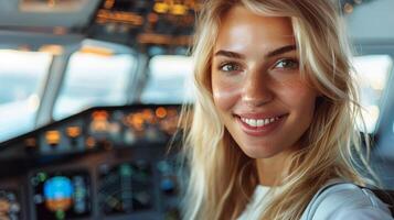 ai généré blond femme séance dans cockpit de avion photo