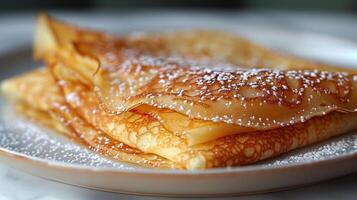 ai généré mince ukrainien Crêpes sur porcelaine plaque. généré par artificiel intelligence. photo