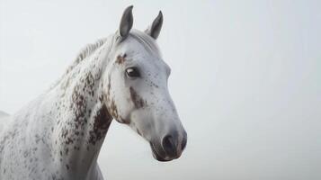 ai généré une portrait de un arabe cheval avec une blanc manteau et marron taches, à la recherche à le caméra dans une photo du visage contre une brumeux gris Contexte. généré par artificiel intelligence.