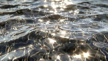 ai généré fermer de transparent l'eau surface avec ondulations et reflets, avec argent veines. le pétillant d'or lumière sur le des eaux surface. généré par artificiel intelligence. photo