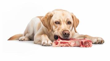 ai généré le Jeune Labrador chien est en mangeant brut t-bone steak sur blanc Contexte. généré par artificiel intelligence. photo