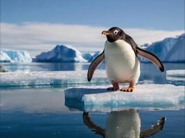 ai généré mignonne manchot permanent sur la glace tronçon dans Antarctique photo