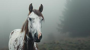 ai généré une portrait de un arabe cheval avec une blanc manteau et marron taches, à la recherche à le caméra dans une photo du visage contre une brumeux gris Contexte. généré par artificiel intelligence.