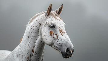 ai généré une portrait de un arabe cheval avec une blanc manteau et marron taches, à la recherche à le caméra dans une photo du visage contre une brumeux gris Contexte. généré par artificiel intelligence.