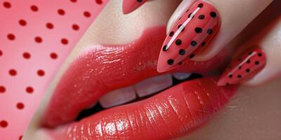 ai généré femme montrant rouge et noir polka point ongles photo