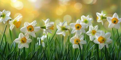 ai généré blanc fleurs épars dans herbe photo