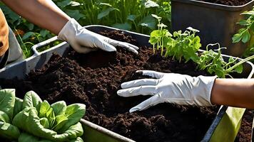 ai généré fermer de Humain mains dans blanc gants plantation semis dans sol photo