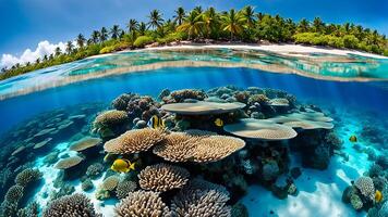 ai généré une vibrant sous-marin scène avec coloré coraux, poisson, et clair bleu des eaux, bordé par une luxuriant vert tropical île photo