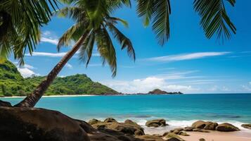 ai généré paisible tropical plage et littoral avec paume des arbres dans la nature photo