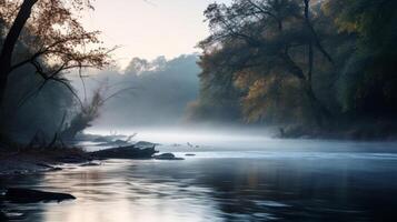 ai généré serein rivière avec brouillard et ciel dans le Contexte photo
